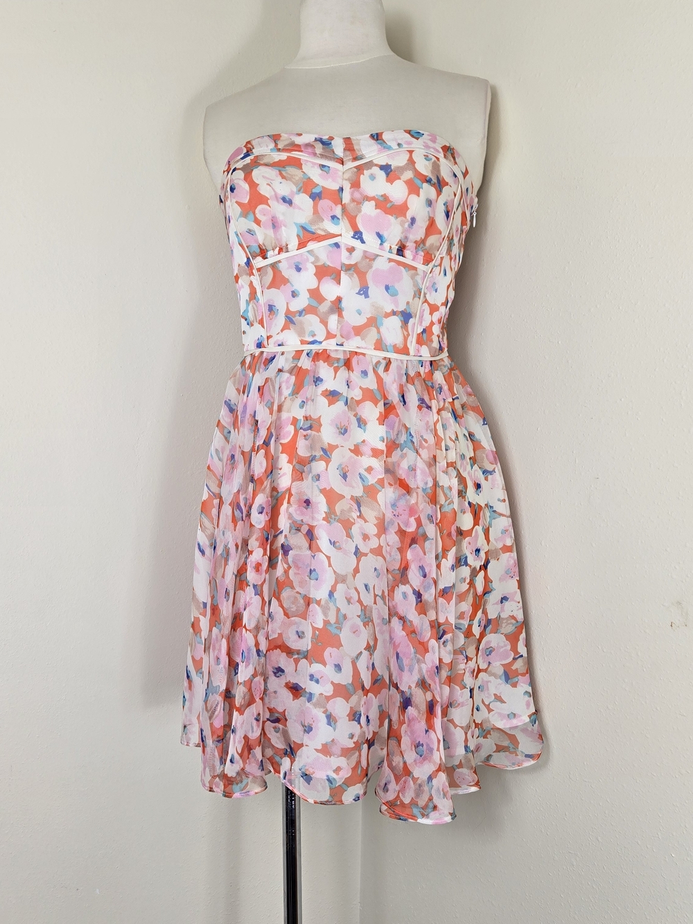 Adelyn Rae Strapless Floral Chiffon Dress in Coral, White, and Blue